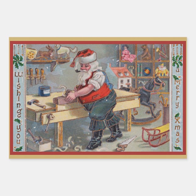Santa in his Workshop, Merry Christmas, Wrapping Paper Sheet (Front)