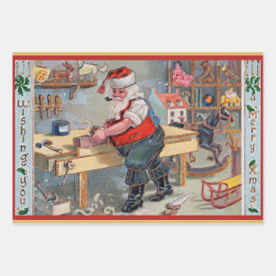 Santa in His Workshop, vintage artwork, Wrapping Paper Sheet