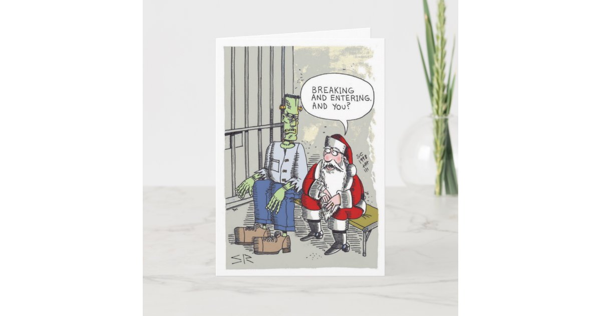 Santa In Jail cartoon Christmas greeting card Zazzle.co.uk
