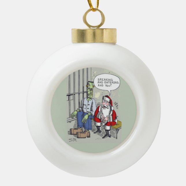 Santa In Jail ceramic ball ornament (Front)