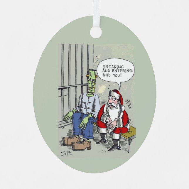 Santa In Jail oval metal ornament (Front)