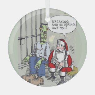 Santa In Jail round glass ornament