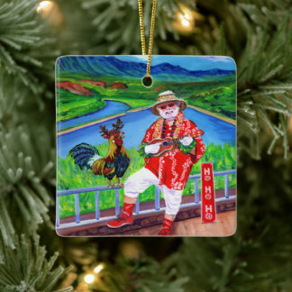 Santa in Paradise Mele Kalikimaka Rooster Kauai Ceramic Ornament