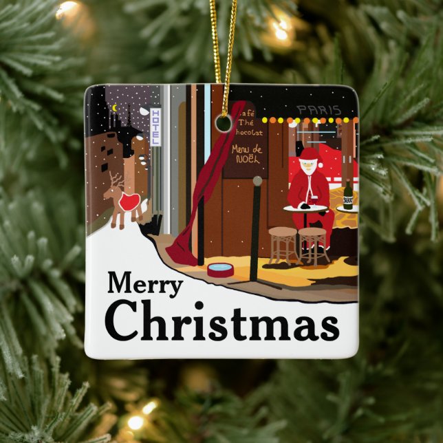 Santa In Paris Christmas Ceramic Ornament (Tree)