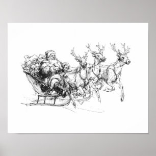 Santa in Sleigh – Minimal Christmas Sketch Poster