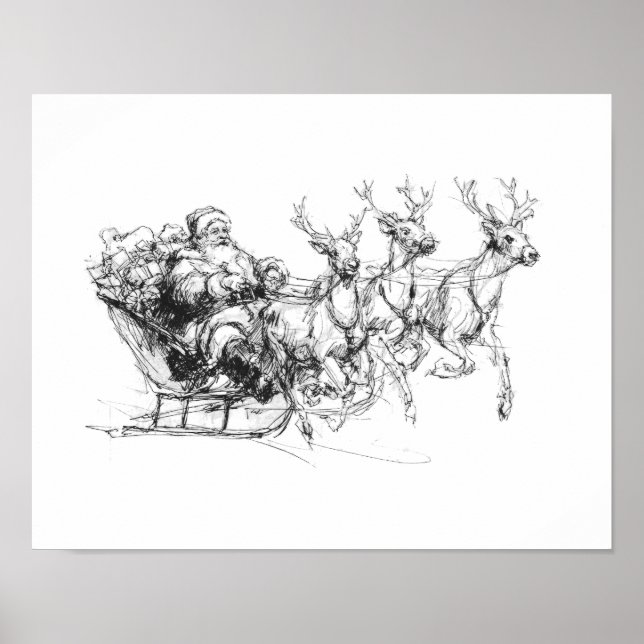 Santa in Sleigh – Minimal Christmas Sketch Poster (Front)