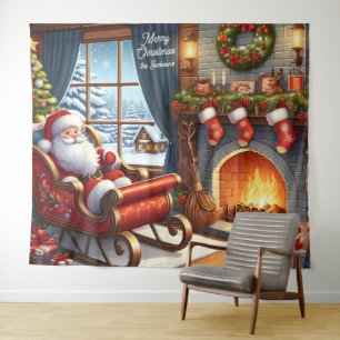 Santa in Sleigh Resting by Fireplace Backdrop Tapestry
