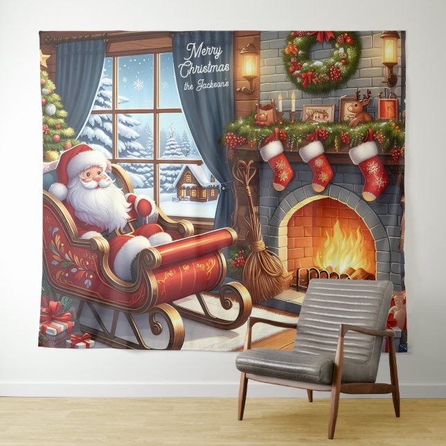 Santa in Sleigh Resting by Fireplace Backdrop Tapestry (In Situ (Horizontal))