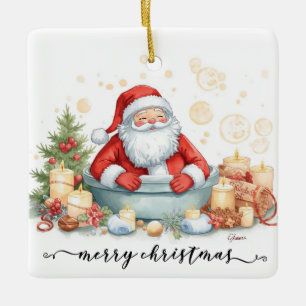 Santa in the Bathtub Spa Christmas themed Ceramic Ornament