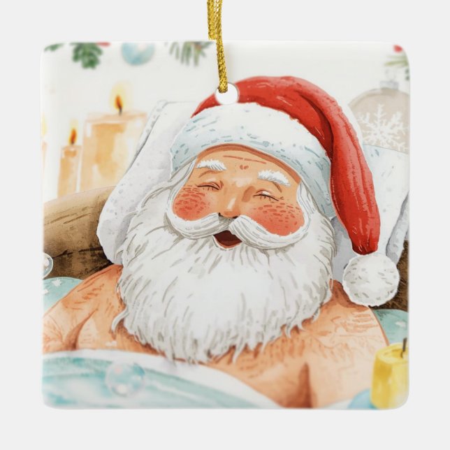 Santa in the Bathtub Spa Christmas themed Ceramic Ornament (Front)