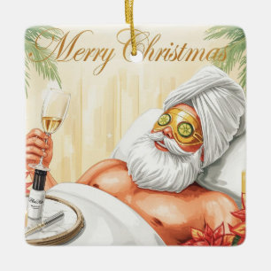 Santa in the Bathtub Spa Christmas themed Ceramic Ornament