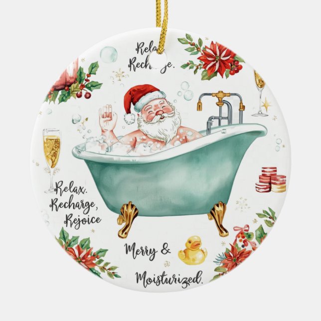 Santa in the Bathtub Spa Christmas themed Ceramic Tree Decoration (Front)