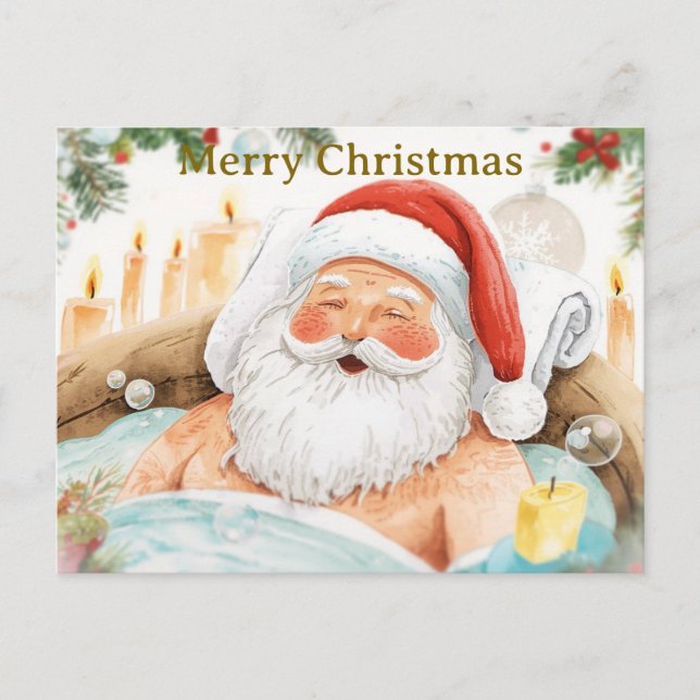 Santa in the Bathtub Spa Christmas themed Holiday Postcard (Front)