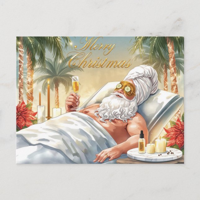 Santa in the Bathtub Spa Christmas themed Holiday Postcard (Front)