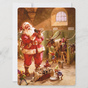 Santa in the Reindeer Barn Holiday Card