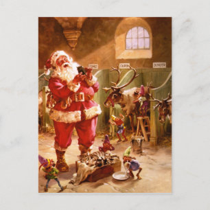 Santa in the Reindeer Barn Holiday Postcard