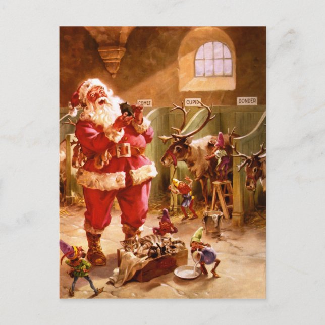 Santa in the Reindeer Barn Holiday Postcard (Front)