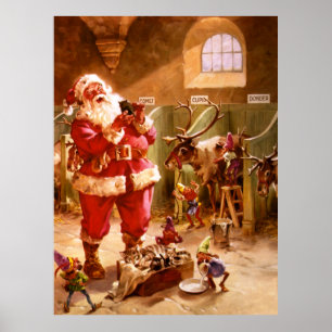 Santa in the Reindeer Barn Poster