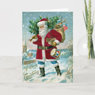 Santa in the Snow Carrying Drum and Tree Holiday Card
