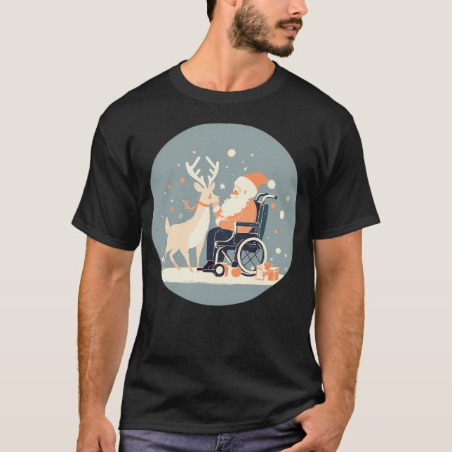 Santa In Wheelchair Patting Reindeer T-Shirt (Front)