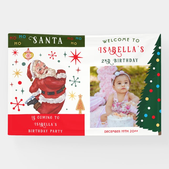 Santa is Coming Any Age Baby Photo 1st Birthday Banner (Horizontal)