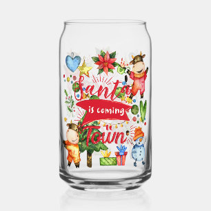 Santa Is Coming To Town - Cute Cows Holiday Party Can Glass