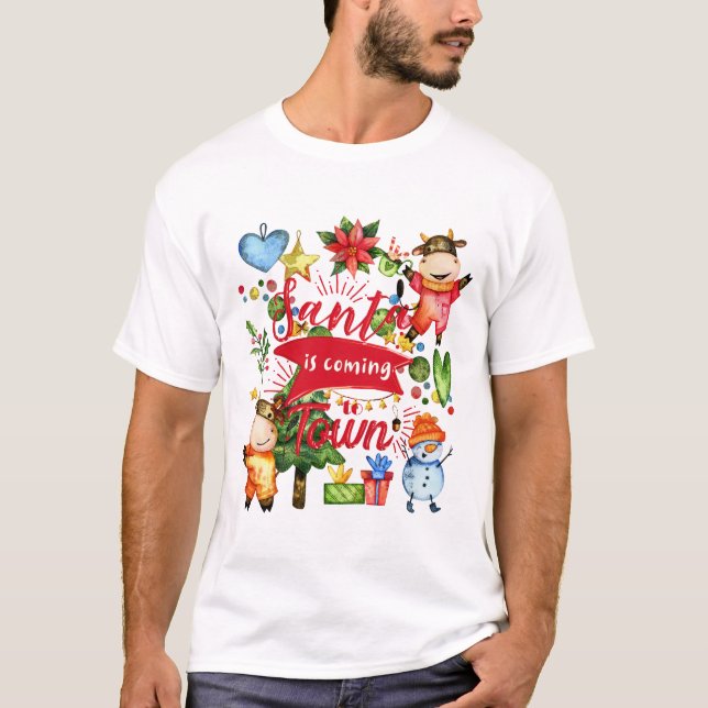 Santa Is Coming To Town - Cute Cows Holiday Party T-Shirt (Front)