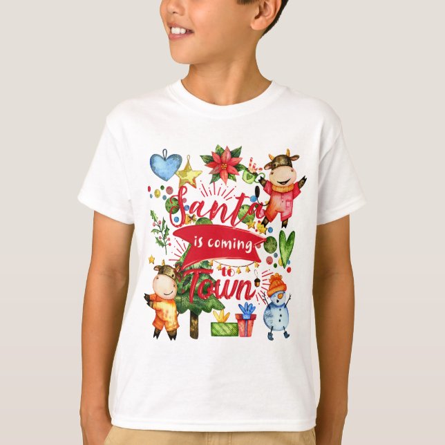 Santa Is Coming To Town - Cute Cows Holiday Party T-Shirt (Front)