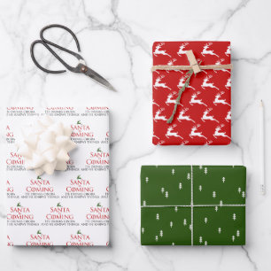 Santa Is Coming Wrapping Paper Flat Sheet Set of 3