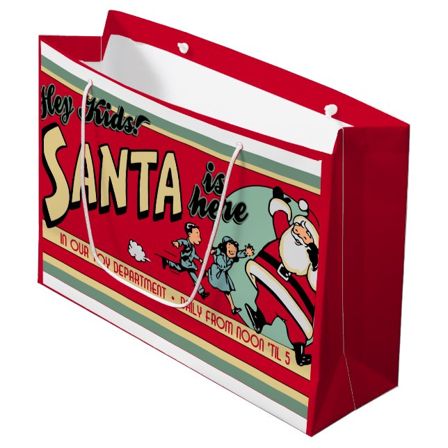 Santa is Here Retro Christmas Gift Bag (Front Angled)