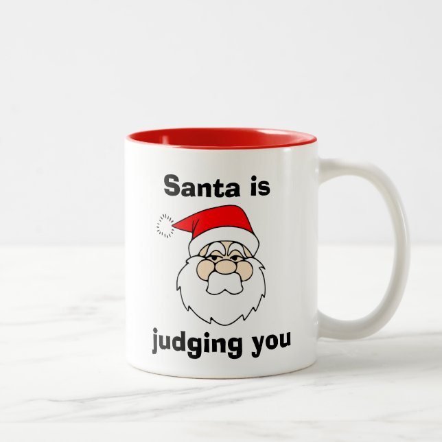 Santa is Judging You Funny Christmas Two-Tone Coffee Mug (Right)