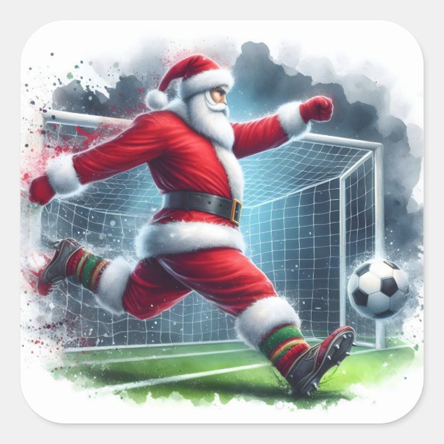 Santa is Kicking a Soccer Ball in a Winter Setting Square Sticker (Front)