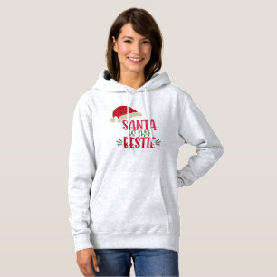 Santa Is My Bestie Red and Green Glitter Christmas Hoodie