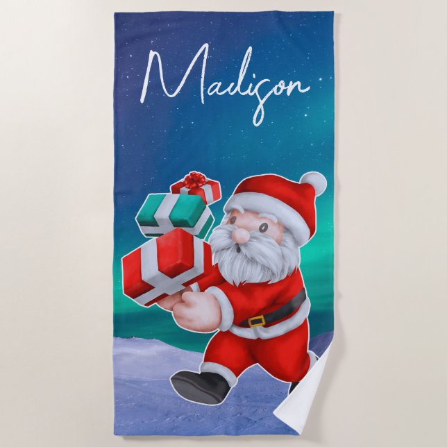 Santa is on his way Northern Lights Christmas Beach Towel (Front)