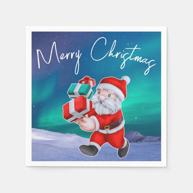 Santa is on his way Northern Lights Christmas Napkin (Front)
