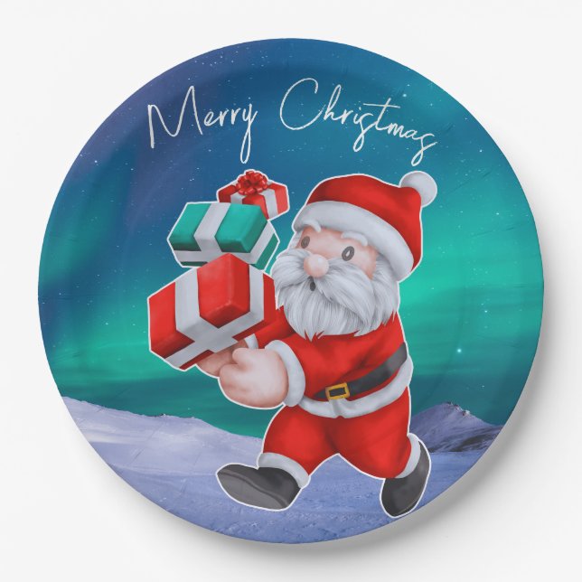 Santa is on his way Northern Lights Christmas Paper Plate (Front)