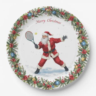 Santa is Playing Tennis Merry Christmas themed Paper Plate