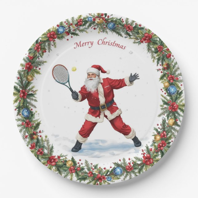 Santa is Playing Tennis Merry Christmas themed Paper Plate (Front)