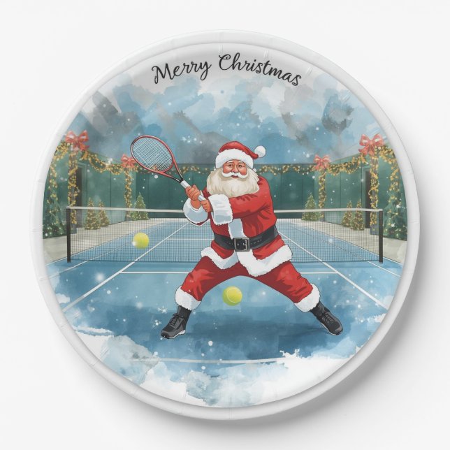 Santa is Playing Tennis Merry Christmas themed Paper Plate (Front)