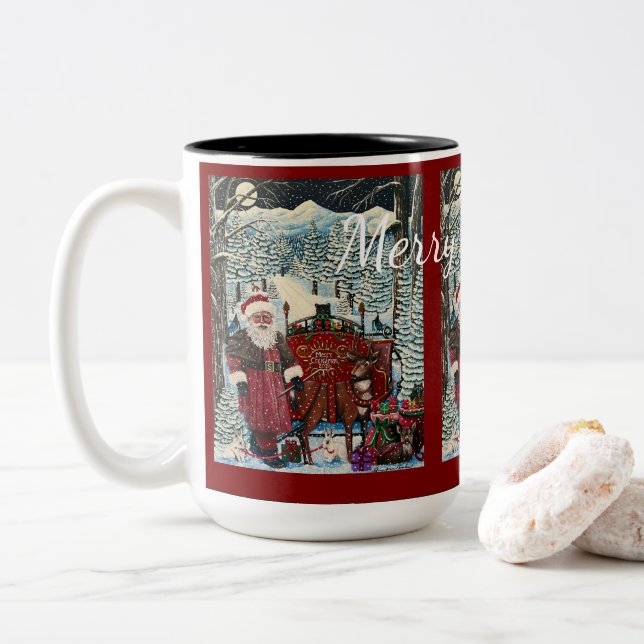 Santa is Ready  Two-Tone Coffee Mug (With Donut)