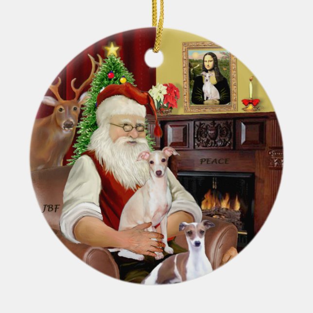 Santa - Italian Greyhound (TWO) Ceramic Tree Decoration (Front)