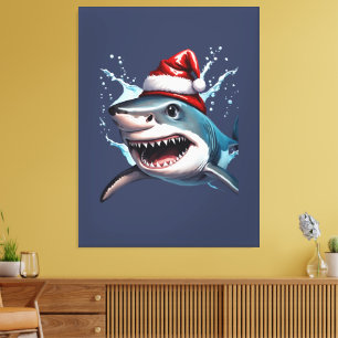 Santa Jaws Christmas Shark Cartoon Art Canvas Print