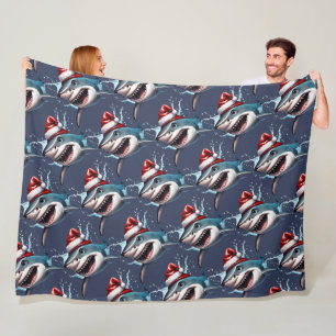 Santa Jaws Christmas Shark Cartoon Art Fleece Blanket
