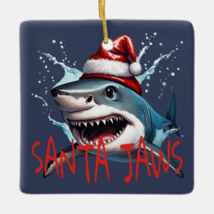 Santa Jaws Pun Quote Christmas Shark Cartoon Art Ceramic Ornament
