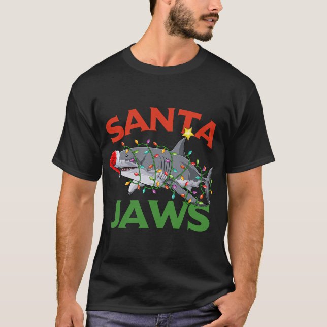 Santa Jaws Shark Christmas Lights Sharkmas Xmas Re T-Shirt (Front)