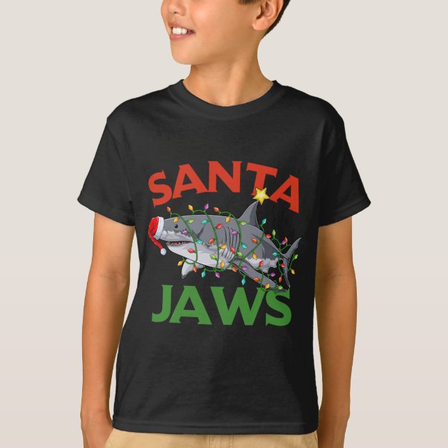 Santa Jaws Shark Christmas Lights Sharkmas Xmas Re T-Shirt (Front)