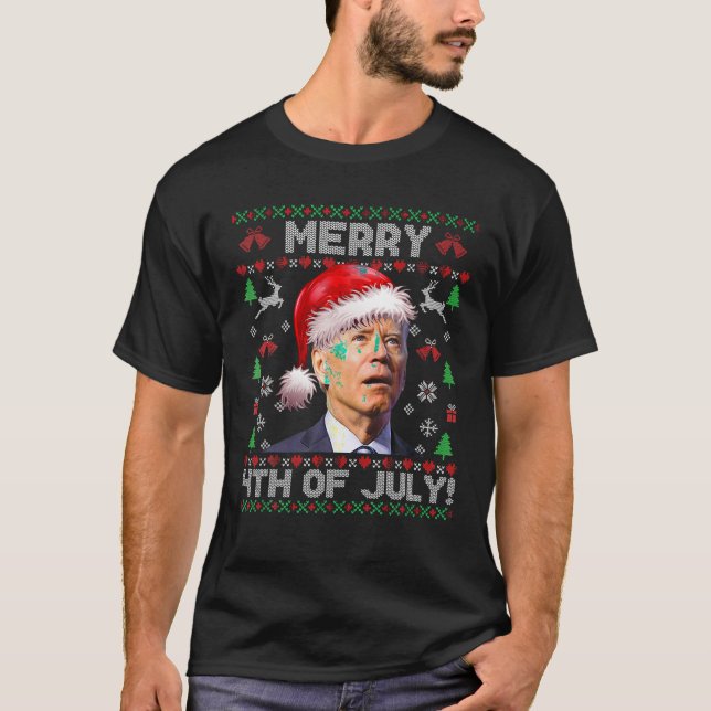 Santa Joe Biden Merry 4th Of July Ugly Christmas S T-Shirt (Front)
