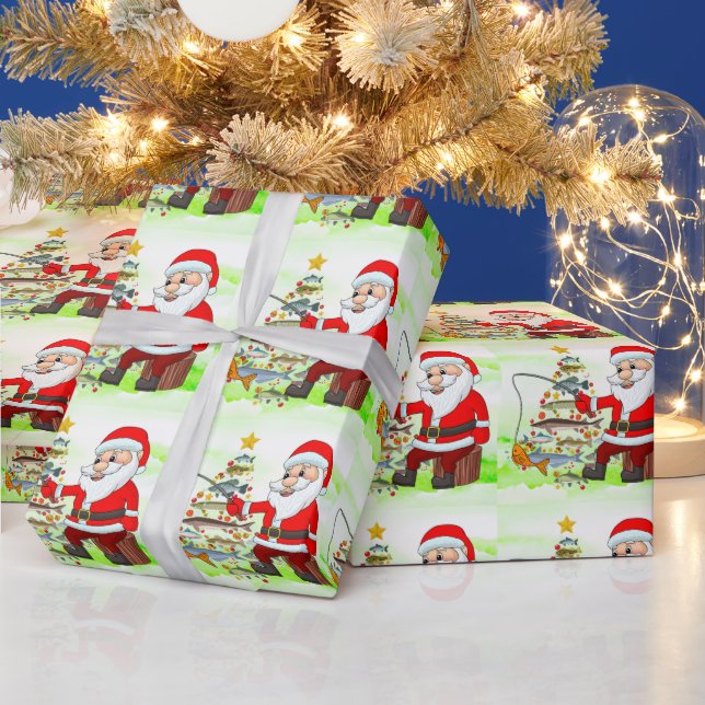 Santa Joins Fishing Fans for Christmas Cheer! Wrapping Paper (Holidays)
