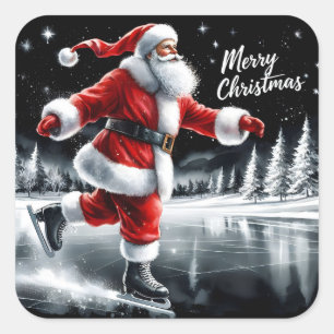 Santa Joyfully Ice Skating for Holidays Square Sticker
