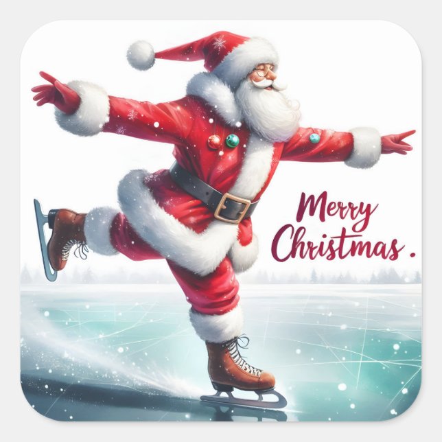 Santa Joyfully Ice Skating! Square Sticker (Front)